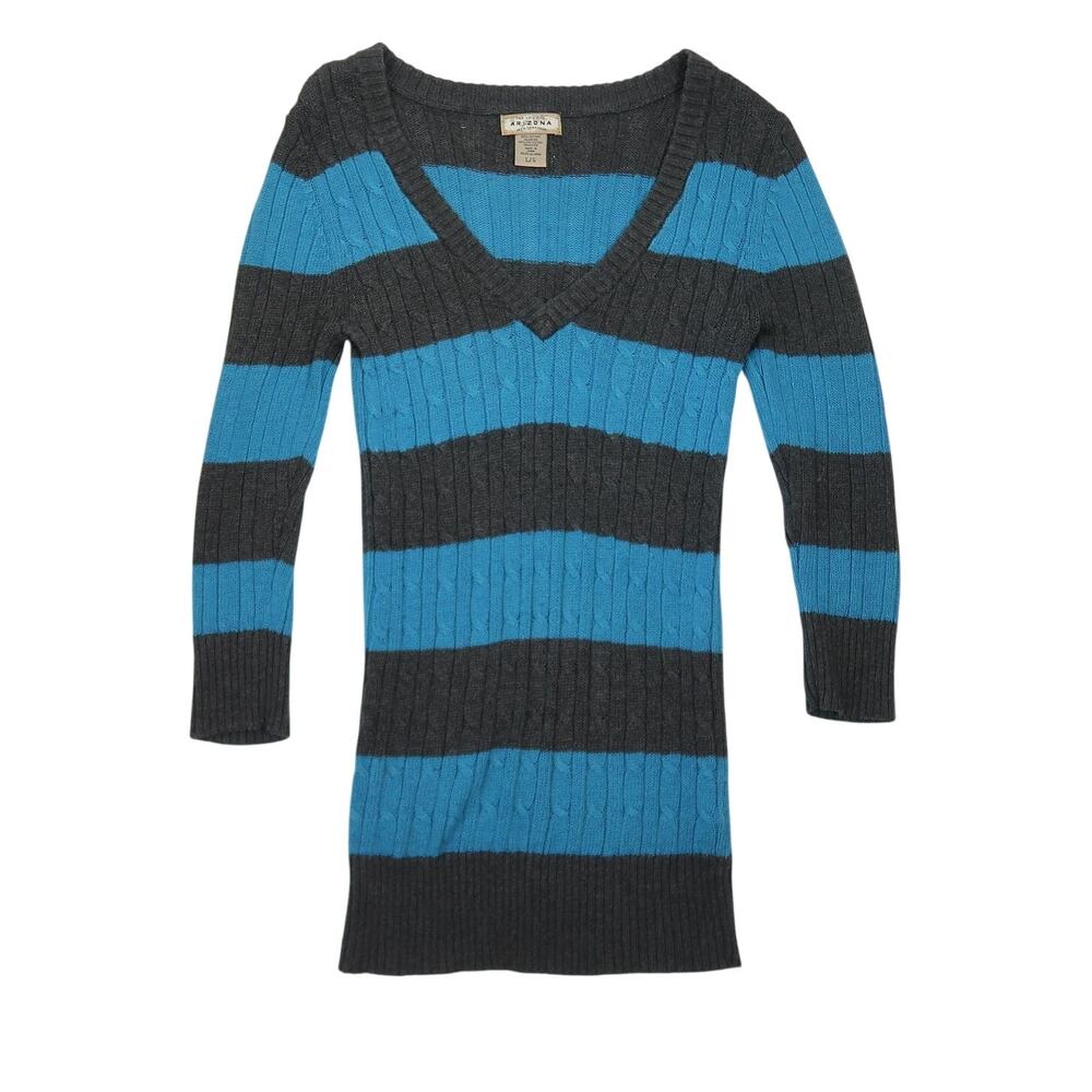 Vintage Y2K Arizona Blue and Grey Stripe Rib Knit V-Neck Tunic Sweater